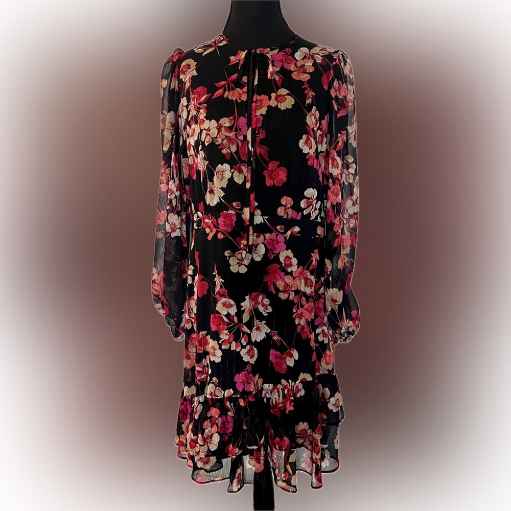 Tommy Hilfiger Black Floral Chiffon Long Sleeve Dress Size 6 Ruffle Hem